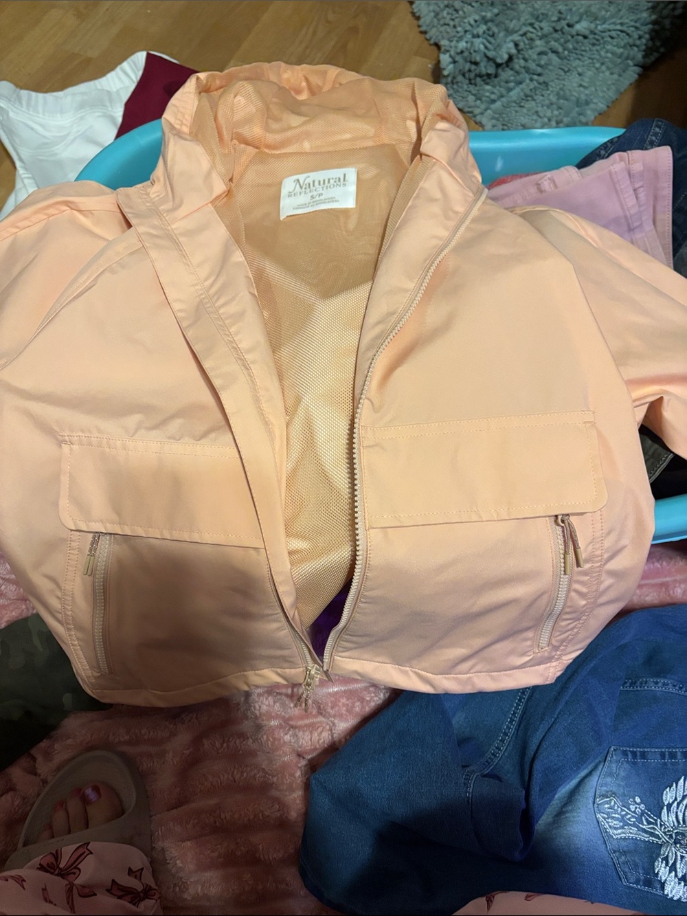 Peach color, with hood , zip up  , light weight , jacket